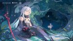  2girls :o berenica_(duet_night_abyss) black_pantyhose bug cattail closed_eyes commentary company_name copyright_logo copyright_notice crescent_moon dress duet_night_abyss english_commentary firefly hair_ornament highres holding holding_lantern lantern logo long_hair moon multiple_girls official_art pantyhose phoxhunter_(duet_night_abyss) plant star_(symbol) sword the_girl_in_the_dream_(duet_night_abyss) weapon white_hair 