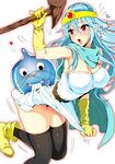  arched_back ass black_legwear blue_eyes blush breasts covered_nipples dragon_quest dragon_quest_iii gloves heart kojima_saya large_breasts long_hair no_panties pubic_hair red_eyes sage_(dq3) scarf slime_(dragon_quest) solo staff thighhighs yellow_gloves 
