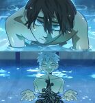  2boys artist_name black_hair chainsaw_man derivative_work grey_eyes hair_between_eyes highres hikaru_ga_shinda_natsu indou_hikaru male_focus mole mole_on_cheek mole_on_shoulder mole_under_eye mole_under_mouth multiple_boys multiple_moles outstretched_arms parted_lips partially_submerged red_pupils short_hair smile sunnarts topless_male tsujinaka_yoshiki white_hair yaoi 