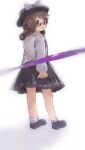  1girl aged_down black_skirt bobby_socks brown_eyes brown_hair fedora from_behind full_body gap_(touhou) glasses hat highres loafers long_sleeves looking_to_the_side low_twintails medium_hair shirt shoes shukinuko skirt socks touhou twintails usami_sumireko white_shirt 