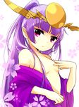  bare_shoulders breasts covering_nipples hair_censor japanese_clothes kimono long_hair off_shoulder pikomarie purple_eyes purple_hair puzzle_&amp;_dragons small_breasts solo yomi_(p&amp;d) 