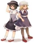  2girls adapted_costume black_skirt blonde_hair bobby_socks bow brown_eyes brown_hair fedora frilled_skirt frills hat maribel_hearn mary_janes medium_hair mob_cap multiple_girls neck_ribbon pantyhose puffy_short_sleeves puffy_sleeves purple_shirt purple_skirt red_shoes ribbon shirt shoes short_hair short_sleeves shukinuko skirt socks touhou usami_renko waist_bow white_shirt yellow_eyes 