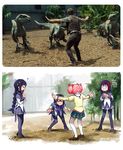  4girls ? akemi_homura black_hair blue_(jurassic_park) charlie_(jurassic_park) chris_pratt delta_(jurassic_park) dinosaur giving_up_the_ghost glasses hairband jurassic_park jurassic_world kaname_madoka long_hair magical_girl mahou_shoujo_madoka_magica meme multiple_girls multiple_persona outstretched_arms owen_grady pants pantyhose parody pink_hair plant prattkeeping reference_photo reference_photo_inset school_uniform short_hair silverxp skirt thighhighs translated twintails velociraptor you_gonna_get_raped zettai_ryouiki 