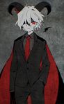  black_gloves black_suit business_suit cape chromatic_aberration demon_boy demon_horns formal genderswap genderswap_(ftm) gloves grey_background grey_hair greyscale haiiro_teien hair_over_one_eye hand_in_pocket horn_piercing horns io_(sinking=carousel) looking_at_viewer male_focus mini_wings monochrome necktie piercing red_eyes red_neckwear reficul shaded_face simple_background solo spot_color standing staring suit 