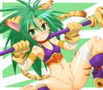  2010 animal_ears bandage bottomless breasts breath_of_fire butt cat_ears chamcham clothed clothing cosplay female green_eyes green_hair hair half-dressed humanoid katt_(breath_of_fire) looking_at_viewer momomo navel pussy samurai_shodown small_breasts smile solo spread_legs spreading staff video_games 