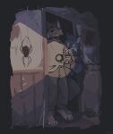 anthro arachnid arthropod arthropod_webbing biped bottomwear canid canine canis clothing door doorway feral flashlight fur hair hi_res hoodie light light_beam male male_anthro mammal mawfulme multicolored_body multicolored_fur narrowed_eyes pants paws shirt spider standing topwear wall_(structure) wolf