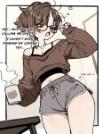  1girl asami-chan bare_shoulders black-framed_eyewear body_freckles brown_eyes brown_hair cross cross_necklace cup dolphin_shorts english_text freckles grey_shorts hair_ornament hairclip highres hip_focus holding holding_cup hozuki_asami_(asami-chan) indoors jewelry looking_to_the_side navel necklace one_eye_closed open_mouth original short_hair short_shorts shorts solo standing thick_thighs thigh_freckles thighs yawning 
