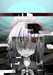  1girl black_capelet black_hair bow bowtie capelet glitch greyscale_with_colored_background hair_bow hair_over_eyes medium_hair muraryo no_headwear open_mouth rest_in_peace_(phrase) shirt solo touhou usami_renko white_bow white_bowtie white_shirt 