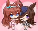  2girls ahoge animal_ears black_shirt black_shorts black_skirt blue_eyes blue_flower blue_rose blush brown_hair chibi chibi_only closed_mouth clothing_cutout cropped_shirt ear_ornament flipped_hair flower grey_hairband hair_between_eyes hair_ornament hair_over_one_eye hairband hat hat_flower heart heart_hands horse_ears horse_girl horse_tail layered_skirt long_hair looking_at_viewer loose_socks meni_shuki_rush-sshu! mihono_bourbon_(umamusume) multiple_girls open_mouth pink_shirt pink_shoes pink_skirt pink_socks purple_eyes rice_shower_(umamusume) roppaku rose shirt shoes shorts shoulder_cutout silver_hairband skirt smile socks tail tilted_headwear umamusume 