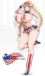 1girl absurdres american_flag american_flag_background american_flag_bikini american_flag_footwear american_flag_legwear american_flag_print american_flag_skirt american_flag_swimsuit ameriho_(ameriko) ameriko arched_back areola_slip arm_up armpit_crease artist_name bare_arms bare_hips bare_shoulders belted_skirt bikini blonde_hair blue_bow blue_bowtie blue_eyes blue_shoes blunt_bangs bow bowtie braid breasts character_name closed_mouth colored_eyelashes commentary_request covered_nipples detached_collar diagonal_striped_collar drop_shadow english_text fingerless_gloves flag_print flag_print_bikini gloves hand_on_headwear hat highres huge_breasts huge_nipples kneehighs leg_up logo long_hair looking_at_viewer loose_socks low_twin_braids makino_momiji_(artist) multicolored_bikini multicolored_gloves navel one_eye_closed partial_commentary print_bikini print_shoes print_skirt red_bikini red_hat shadow shiny_skin shoes sideboob sidelighting sidelocks skindentation skirt smile socks solo standing standing_on_one_leg star-shaped_pupils star_(symbol) star_print string_bikini striped_bikini striped_clothes striped_socks swimsuit symbol-shaped_pupils thighs twin_braids two-tone_bikini underboob very_long_hair visor_cap 