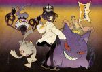  1girl :o black_dress black_hair black_pantyhose black_shoes blue_gloves blunt_bangs bob_cut chandelure coat commentary_request dress full_body gengar gloves gourgeist gradient_hair gwynn_(pokemon) hat highres long_sleeves looking_at_viewer mimikyu multicolored_hair nihonga ono_tako open_clothes open_coat open_mouth pantyhose partially_fingerless_gloves pokemon pokemon_(creature) pokemon_legends:_z-a purple_eyes purple_hair shoes short_hair translation_request ukiyo-e white_coat 