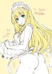  amagi_brilliant_park apron aqua_eyes ass blonde_hair cowboy_shot kojima_saya latifa_fleuranza long_hair looking_at_viewer maid_headdress naked_apron sketch solo sweat very_long_hair 