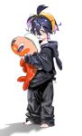  1boy 5oh5s2 :o absurdres ahoge alternate_costume baggy_clothes barefoot black_hair character_doll colored_inner_hair commentary crossed_bangs doll hair_between_eyes hairband highres holding holding_doll hood hood_down kieran_(pokemon) long_sleeves male_focus mole mole_on_neck multicolored_hair open_mouth pants pokemon pokemon_sv solo tatsugiri toes yellow_hairband 