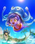  2girls :d alternate_skin_color animal_hat arms barefoot black_sclera blue_skin chibi feels_good_(meme) gem goo_guy hat headpiece highres inflatable_armbands innertube jumping league_of_legends lens_flare lulu_(league_of_legends) meme mermaid monster_boy monster_girl multiple_girls nami_(league_of_legends) ocean open_mouth outstretched_arms palm_tree partially_submerged phantom_ix_row pool_party_lulu purple_hair purple_skin red_eyes signature smile snorkel squid_hat swimsuit tree water yellow_eyes yordle zac 
