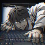  1boy absurdres ahoge areuwuu black_eyes black_hair black_shirt bright_pupils caption climbing coat collared_shirt computer distortion english_text evil_grin evil_smile fourth_wall glitch grin hair_between_eyes highres kim_dokja laptop looking_at_viewer male_focus omniscient_reader&#039;s_viewpoint open_clothes open_coat partially_shaded_face shirt short_hair smile solo source_quote through_medium through_screen upper_body white_coat white_pupils 
