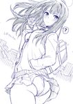  ? bag blush cowboy_shot hand_in_pocket idolmaster idolmaster_cinderella_girls kojima_saya long_hair looking_back monochrome panties school_bag school_uniform shibuya_rin sketch skirt solo spoken_question_mark underwear wind wind_lift 