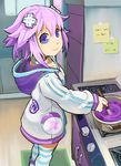  commentary_request cooking d-pad d-pad_hair_ornament hair_ornament jacket looking_at_viewer neptune_(choujigen_game_neptune) neptune_(series) pot purple_eyes purple_hair segamark solo striped striped_legwear 