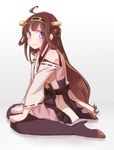  ahoge black_footwear black_legwear boots brown_hair hairband headgear heart heart-shaped_pupils japanese_clothes kagami_(yui1995) kantai_collection kongou_(kantai_collection) long_hair nontraditional_miko purple_eyes sitting smile solo symbol-shaped_pupils thigh_boots thighhighs 