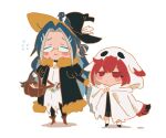  2girls arknights black_coat black_hat black_pantyhose black_shoes blue_hair blush blush_stickers brown_shoes c: candy chibi chinese_commentary closed_eyes coat commentary_request crownslayer_(arknights) dopperu_ben flying_sweatdrops food full_body fur-trimmed_coat fur_trim ghost_costume glasses halloween_bucket halloween_costume hat highres holding_hands hood hood_up hooded_coat hoodie long_hair multiple_girls pantyhose parted_bangs red_eyes red_hair shadow shoes short_hair simple_background smile snegurochka_(arknights) socks vial white_background white_hoodie white_socks witch_hat 