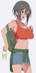  :d absurdres bad_id bad_twitter_id black_hair bottle breasts brown_eyes clothes_around_waist hair_ornament hairclip highres iwadamai jacket_around_waist jewelry large_breasts midriff navel necklace open_mouth original short_hair skirt smile solo sweat tank_top water_bottle 