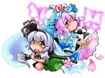  bug butterfly fan folding_fan green_eyes hair_ribbon hairband hat insect japanese_clothes katana konpaku_youmu konpaku_youmu_(ghost) multiple_girls open_mouth pink_eyes pink_hair ribbon saigyouji_yuyuko shinapuu short_hair silver_hair skirt smile sword touhou triangular_headpiece weapon 