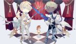  2boys alternate_costume armor blonde_hair blue_eyes boots cape checkered_floor chibi chibi_only curtains dark-skinned_male dark_skin hair_between_eyes holding holding_weapon leg_armor liulianjingrua long_sleeves male_focus multiple_boys original pants red_eyes short_hair smile standing sword tassel weapon 