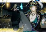  1boy aqua_shirt aventurine_(honkai:_star_rail) black_boots black_coat blonde_hair blue_gemstone boots coat coin collared_shirt earrings eyepatch gem gold_choker gold_coin gold_ring green_gemstone grey_pants hair_between_eyes hat hat_feather headscarf highres holding holding_coin honkai:_star_rail honkai_(series) jewelry leather_belt long_sleeves looking_at_viewer male_focus multicolored_eyes necklace open_clothes open_coat open_shirt pants pirate pirate_costume pirate_hat red_gemstone shirt short_hair smile spriiiiiiing tricorne two-tone_eyes will-o&#039;-the-wisp_(mythology) 