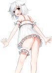  1boy absurdres ahoge akagi_kurage animal_ears arms_at_sides ass bare_legs bare_shoulders blush crossdressing crossdressing_(mtf) detached_sleeves dress fang frilled_dress frilled_garter frilled_sleeves frills green_eyes hair_between_eyes hair_ornament hairclip highres leaning_forward looking_at_viewer looking_back medium_hair no_panties open_mouth original parallel_hairclips parted_bangs raised_eyebrows short_sleeves sidelocks simple_background solo spaghetti_strap spread_fingers standing straight_hair teeth trap upper_teeth_only white_dress white_garter white_hair 