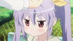  1girl :&gt; animated animated_gif blush brown_eyes child hair_ornament hair_ribbon hand_on_head long_hair lowres miyauchi_renge non_non_biyori patting plant pout purple_hair ribbon screencap shiny_hair solo_focus twintails 