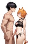  1boy 1girl absurdres angry animal_ears ass bare_arms bare_shoulders bell black_bra black_choker black_hair black_panties bra breasts cat_cutout cat_ear_panties cat_ears cat_girl cat_lingerie cat_tail censored choker cleavage cleavage_cutout clenched_teeth clothed_female_nude_male clothing_cutout collarbone commentary_request commission completely_nude cowboy_shot erection faceless faceless_male facial_mark fire_emblem fire_emblem:_path_of_radiance fire_emblem:_radiant_dawn frilled_bra frills height_difference hetero highres lethe_(fire_emblem) looking_at_another male_pubic_hair medium_breasts mosaic_censoring navel neck_bell nude orange_hair orange_tail panties penis poking_with_penis profile pubic_hair purple_eyes short_hair side-tie_panties simple_background skindentation stomach string_panties tail teeth testicles thighs transparent_background underwear underwear_only v-shaped_eyebrows vodka13 whisker_markings white_background 