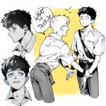  2boys ass closed_mouth collared_shirt cropped_legs crossbody_bag english_text eye_contact greyscale highres hikaru_ga_shinda_natsu holding_another&#039;s_wrists indou_hikaru iria_arts looking_at_another male_focus mole mole_on_cheek mole_under_eye mole_under_mouth monochrome multiple_boys multiple_moles multiple_views official_alternate_hairstyle open_mouth oversized_belt pants pocket shirt shirt_tucked_in short_hair short_sleeves shouting slit_pupils speech_bubble teeth topless_male tsujinaka_yoshiki watch wristwatch 