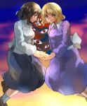  2girls black_skirt blonde_hair bobby_socks bow brown_eyes brown_hair dusk feet_out_of_frame full_body loafers maribel_hearn multiple_girls no_headwear purple_shirt purple_skirt shirt shoes short_hair shukinuko skirt socks touhou usami_renko waist_bow white_shirt yellow_eyes 