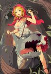  1girl banned_artist big_bad_wolf_(grimm) blonde_hair blue_eyes blush bottle bound braid breasts capelet cleavage dress formal grass grimm's_fairy_tales hood large_breasts leaf little_red_riding_hood little_red_riding_hood_(grimm) necktie open_mouth red_capelet rope suit tears tied_up tree twin_braids viola_(seed) white_dress wolf 