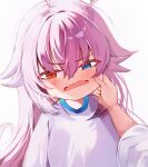  1girl absurdres blue_archive blush cheek_pinching cheek_pull fang fujiwarahatsune hair_between_eyes hand_on_another's_cheek hand_on_another's_face heterochromia highres hoshino_(blue_archive) long_hair looking_at_viewer mouth_pull open_mouth pinching pink_hair pov pov_hands shirt skin_fang solo_focus sweatdrop white_background 