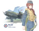  1girl absurdres aircraft airplane aqua_eyes bilingual_commentary blue_hat blue_jacket blue_pants bomber canada canadian_flag canadian_red_ensign_flag chinese_commentary commentary cowboy_shot english_commentary flagpole garrison_cap handley-page_halifax hat highres jacket kill_markings leochan1202 life_vest long_hair military military_rank_insignia military_uniform military_vehicle mixed-language_commentary nose_art original pants patch red_hair roundel royal_canadian_air_force shoulder_patch world_war_ii 