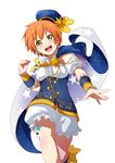  :d bad_id bad_pixiv_id bangs cape constellation constellation_costume detached_sleeves hat hoshizora_rin love_live! love_live!_school_idol_project masabodo open_mouth orange_hair outstretched_hand print_hat short_hair simple_background smile solo star star_print starry_sky_print white_background yellow_eyes 