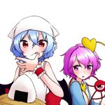  apron bare_arms bat_wings blue_hair finger_licking food food_on_face head_scarf heart kameyan komeiji_satori lavender_hair licking looking_at_another looking_at_viewer multiple_girls onigiri purple_eyes red_eyes remilia_scarlet rice rice_on_face shirt short_hair simple_background sleeveless sleeveless_shirt slit_pupils third_eye touhou triangle_mouth white_background wings wrist_cuffs 