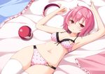  armpits arms_up blush bra eyeball hairband_removed heart komeiji_satori looking_at_viewer lying navel ominaeshi_(takenoko) on_back panties pink_bra pink_eyes pink_hair pink_panties shirt_removed skirt skirt_removed solo thighhighs thighs third_eye touhou underwear underwear_only white_legwear 