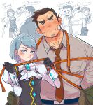  &gt;_&lt; 1boy 1girl absurdres ace_attorney black_gloves black_vest blue_hair bound brown_hair brown_necktie closed_mouth dick_gumshoe earrings eyelashes facial_hair franziska_von_karma frown gloves goatee_stubble grey_hair grey_shirt highres jewelry messy_hair necktie pencil_behind_ear shirt short_hair smile speech_bubble stubble thick_eyebrows tied_up_(nonsexual) translation_request vest whip yowasabimechaoc 