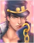  absurdres artist_name autumn_willey bad_id bad_pixiv_id black_hair border chain earrings green_eyes hat highres jewelry jojo_no_kimyou_na_bouken kuujou_joutarou lens_flare looking_at_viewer male_focus portrait solo sparkle 
