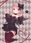  argyle argyle_background black_bow black_hair black_skirt black_wings bow breasts choker cleavage corset detached_sleeves green_eyes grey_hair hair_bow heart heart_of_string holding leg_up long_sleeves microphone okayu_(headless) sanya_v_litvyak short_hair skirt sleeves_past_wrists small_breasts smile solo strike_witches thighhighs wings world_witches_series zettai_ryouiki 