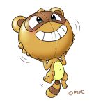 2017 3_toes after_transformation air_inflation anthro artist_name balloon_transformation balloonie black_eyes brown_body brown_text canid canine copyright_symbol countershade_torso countershading digital_media_(artwork) facial_markings featureless_chest featureless_crotch feet floating hands_on_own_face head_inflation head_markings inflatable_head inflation male mammal markings mask_(marking) navel peketope permanent_smile raccoon_dog simple_background solo striped_markings striped_tail stripes symbol tail tail_markings tanuki text toes white_background x_navel yellow_body yellow_countershading