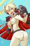  ahoge arc_system_works ass belt blonde_hair bodysuit breasts candy center_opening female from_behind gloves guilty_gear guilty_gear_xrd guilty_gear_xrd:_revelator halo huge_ahoge huge_ass jack-o_(guilty_gear) large_breasts lollipop long_hair looking_at_viewer lyn_(shunao) mask mask_removed multicolored_hair open_mouth pantylines red_eyes red_hair shunao simple_background skin_tight smile solo tight_pants two-tone_hair very_long_hair wink 