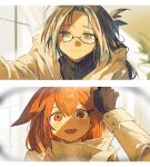  2girls absurdres aged_down animal_ears arknights black_gloves black_hair black_sweater blurry blurry_background blurry_foreground blush chinese_commentary coat commentary_request crownslayer_(arknights) curtains dopperu_ben feather_hair glasses gloves green_eyes highres holding holding_paper hyena_ears indoors letterboxed long_hair long_sleeves looking_at_another messy_hair multiple_girls open_mouth paper parted_bangs red_eyes red_hair shirt smile snegurochka_(arknights) sweater upper_body white_coat white_shirt window 