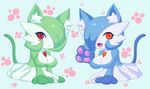  2girls blue_hair blush_stickers breasts cat_ears cat_tail fang gardevoir green_hair highres jcdr large_breasts lucy_(jcdr) multiple_girls nougat_(jcdr) open_mouth orange_eyes paws pokemon red_eyes shiny_pokemon simple_background tail 