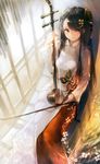  artist_name black_hair bow_(instrument) dated garuku hair_ornament highres instrument long_hair looking_at_viewer orange_eyes original sanhu sitting smile solo vietnamese_dress 