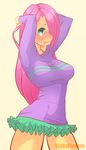  anthro anthrofied arms_behind_head blush breasts clothed clothing cutie_mark equine female fluttershy_(mlp) friendship_is_magic fur hair horse kinkypinkink looking_at_viewer mammal my_little_pony open_mouth pink_hair plain_background pony solo teeth tight_clothing tutu white_background yellow_fur 