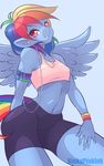  anthro anthrofied blue_fur breasts clothed clothing cutie_mark earphones equine female friendship_is_magic fur hair half-closed_eyes horse ipod kinkypinkink looking_at_viewer mammal multicolored_hair my_little_pony navel plain_background pony rainbow_dash_(mlp) rainbow_hair small_breasts smile solo tight_clothing white_background wings 