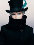  aqua_eyes coat earrings feathers hat hoop_earrings jewelry looking_at_viewer original short_hair slit_pupils solo suda_ayaka top_hat 