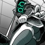 2025 ambiguous_gender anthro biped broom butt cleaning_tool clothed clothing digital_media_(artwork) dress felid feline for_a_head gloves handwear hi_res holding_broom holding_cleaning_tool holding_object kerfur_omega_(votv) looking_at_viewer looking_down looking_down_at_viewer low-angle_view mammal object_head robot_anthro screen screen_face screen_head sharkysocks solo upskirt voices_of_the_void